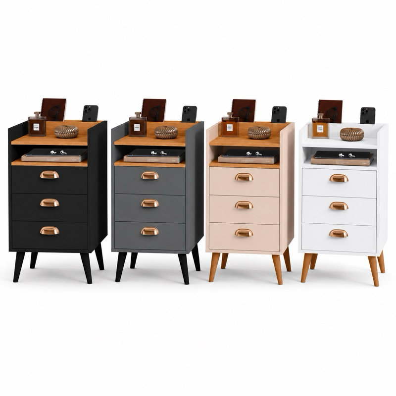 Mesa de Cabeceira Mini Cômoda Monet 04 Gavetas e 03 Gavetas Heloisa Concha Pés Palito Quarto Organizador - LANÇAMENTOr