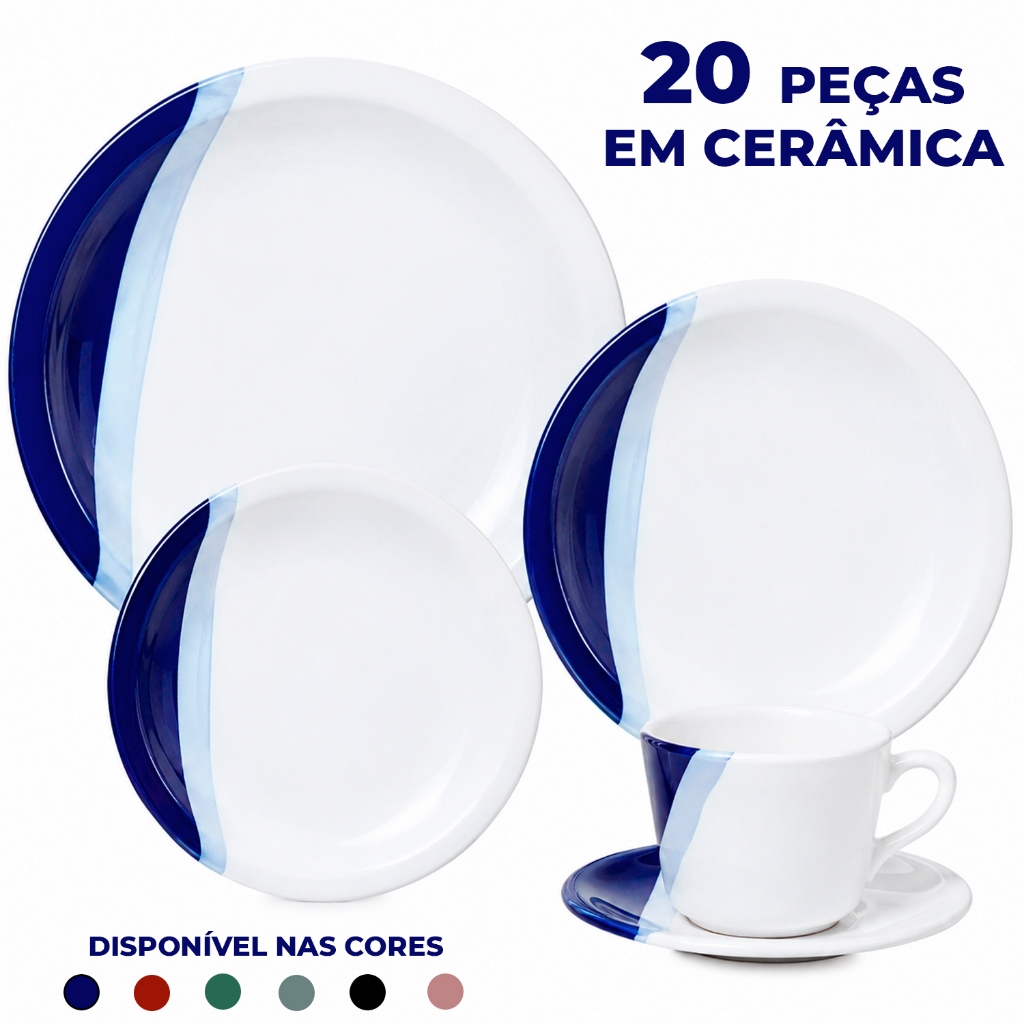 Kit e Aparelho de Jantar 20 Peças cerâmica Jogo de jantar e chá. Prato raso fundo sobremesa pires xicara