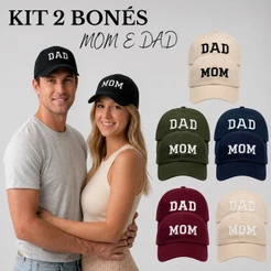 Kit 2 Bonés Dad e Mom Pai Mãe Beisebol Bordado Retrô Unissex Com Regulagem Algodão Macio Estiloso