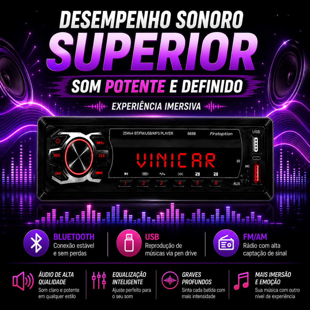 Mp3 Player First Option 6655 1 Din Usb Pen Drive SD Mini Card Som Automotivo Bluetooth 25w Bt Carro