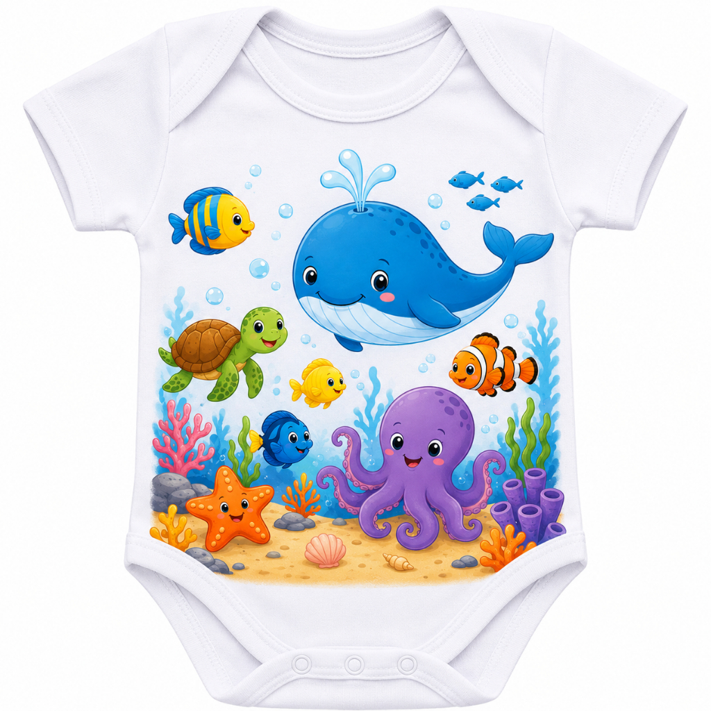 Body Bebê Fundo do Mar 100% Poliéster Estampa Baleia Polvo Peixinhos Fofo Confortável