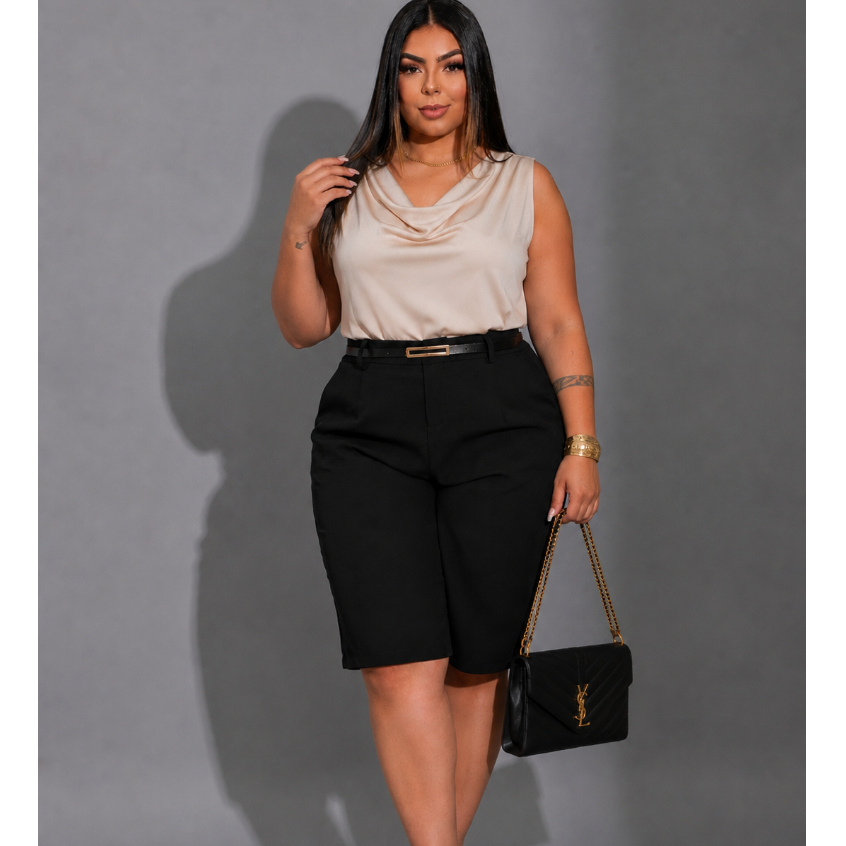 Bermuda Social Feminina Plus Size Alfaiataria Cintura Alta com Cinto Elegante -Moda Executiva Casual