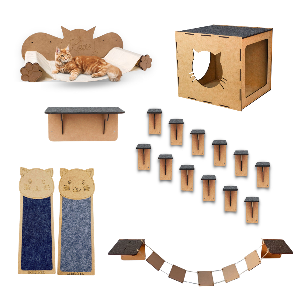 Circuito Suspenso Playground Gato Nicho Prateleira Kit 18 Peças Diversão Felina Arranhador Parede