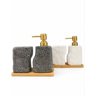 KIT PORTA SABONETE LÍQUIDO 290ml + PORTA ESCOVA EM CERÂMICA COM BASE DE MADEIRA