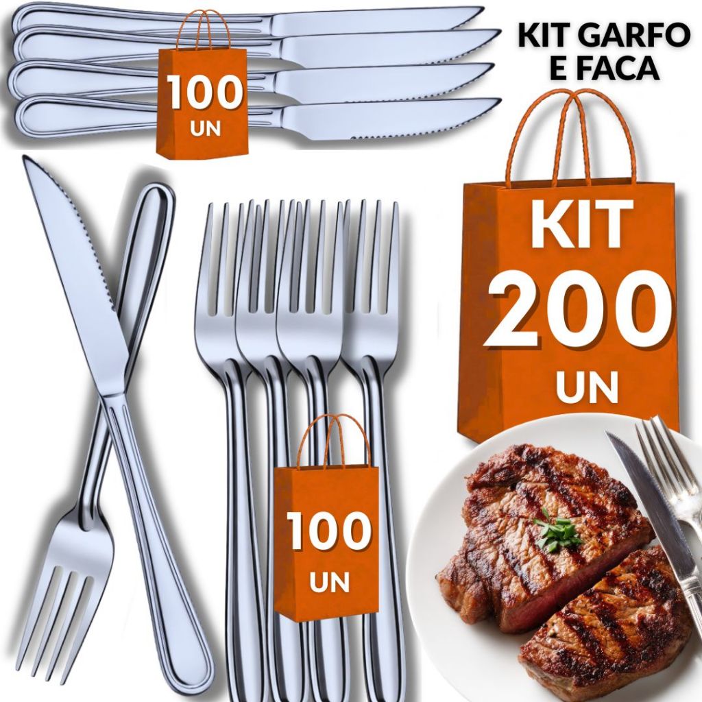 Conjunto 200  Talheres Inox 100 Facas 100 Garfos Cozinha Restaurante Buffet Casa Resistência Qualidade Utilidades