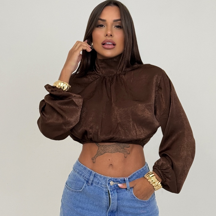 Blusa Cropped Femino Gola Alta Cetim