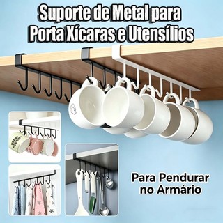 Suporte de Metal com 6 Ganchos para Pendurar Xícaras, Canecas e Utensílios no Armário