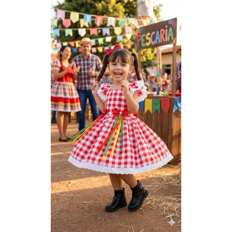 Vestido Festa Junina Infantil Xadrez Vermelho Luxo com Laço Costas Aberta + Renda | Roupa Caipira Menina São João