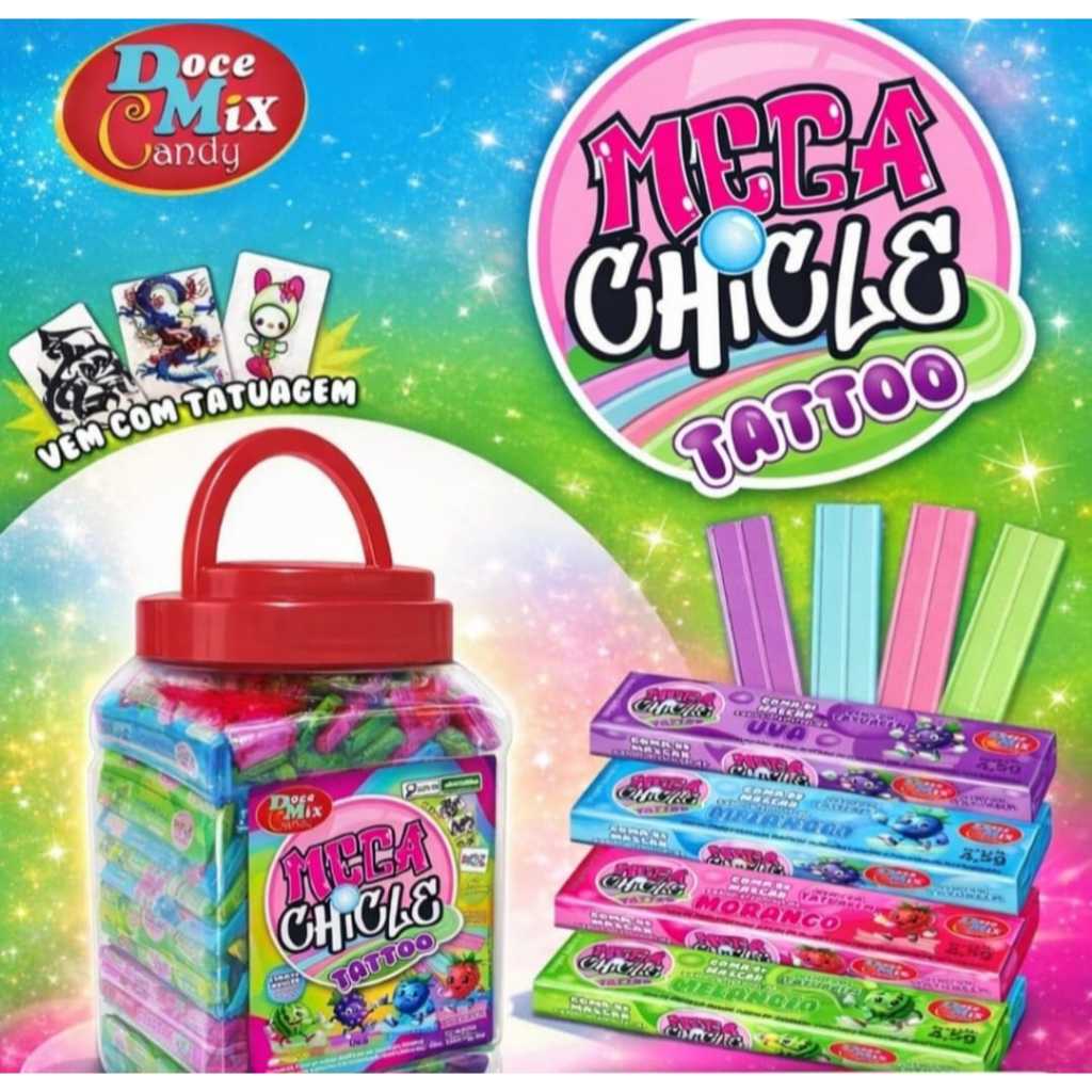 GOMA DE MASCAR MEGA CHICLE TATTOO POTE C/ 100 UN - Doce Mix Candy