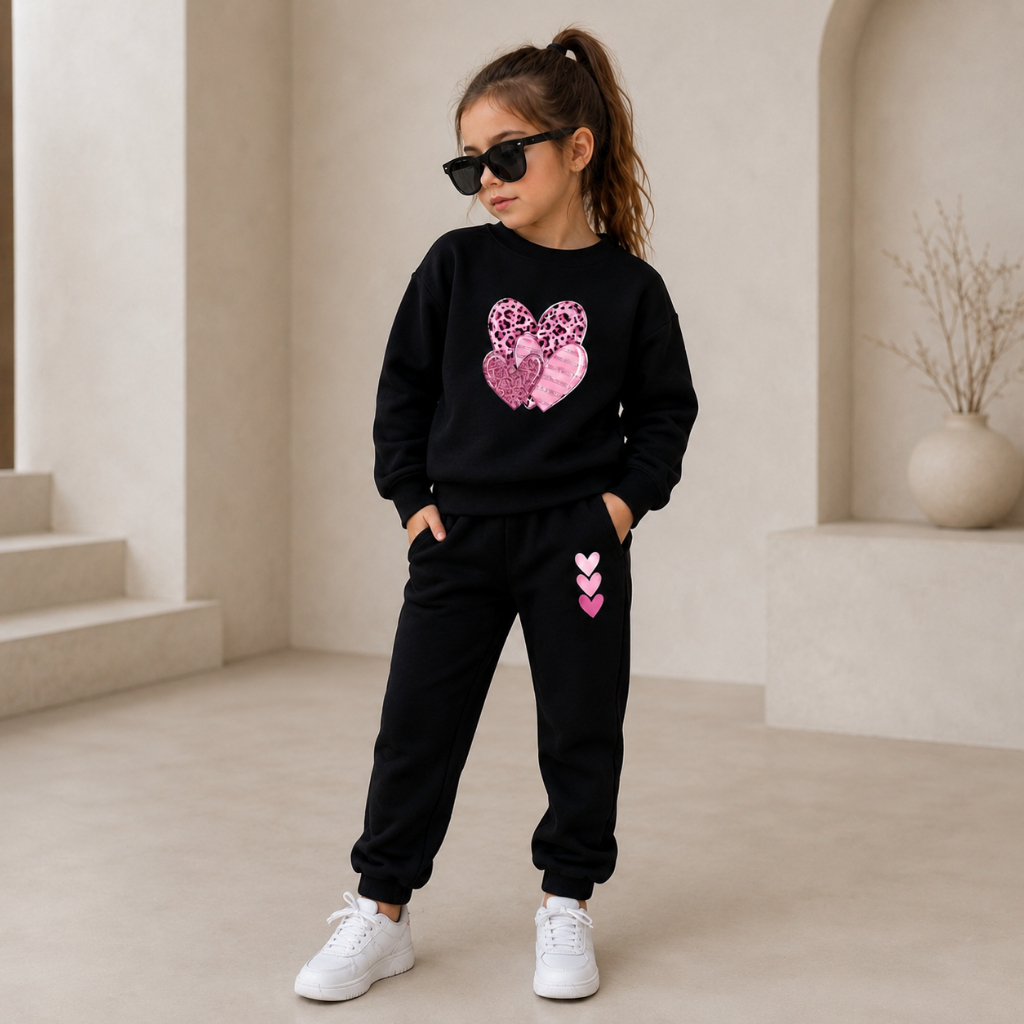 Conjunto Moletom Infantil Agasalho Inverno Fofo Menina Estiloso Coração Rosa Moletom  Flanelado