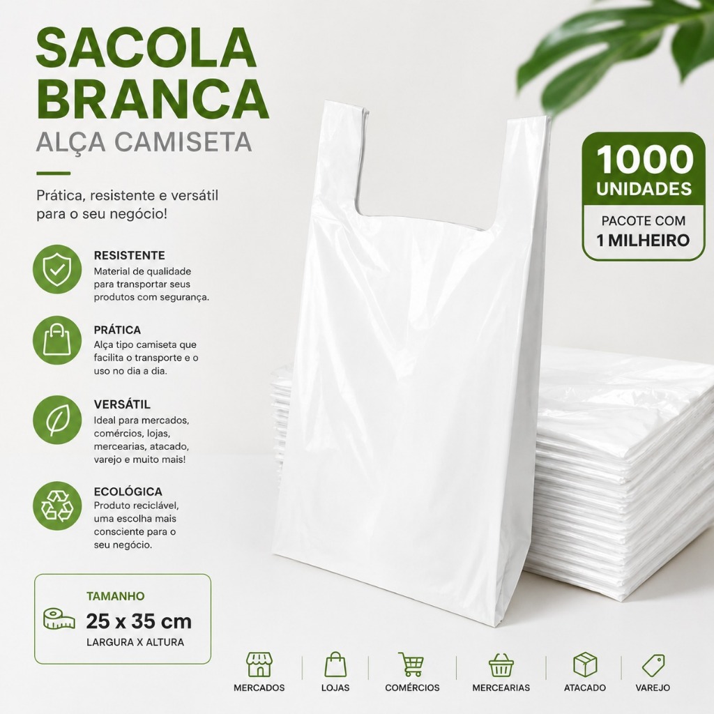 Sacola Plástica Milheiro 25X35 Branca Mercado 1000 Unidades Empresa Supermercado Loja Comércio