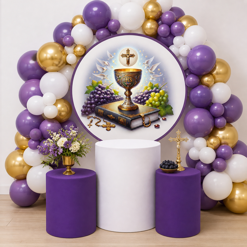 Detalhes do Kit Painel de Festa Batizado  Primeira Eucaristia  Espirito Santo 1 Redondo 1,50 + 3 Capas Cilindro