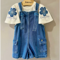 conjunto jardineira jeans cargo com blusa de flor bordada menina