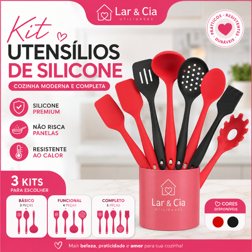 Kit Utensílios Silicone Cozinha 3 4 ou 5 Peças | Colher Concha Espátula pincel pegador