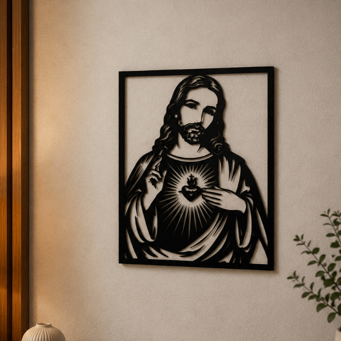 Quadro Decorativo Jesus Cristo Vazado em MDF Preto para Parede