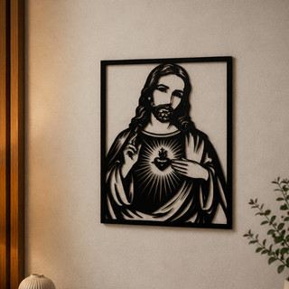 Quadro Decorativo Jesus Cristo Vazado em MDF Preto para Parede