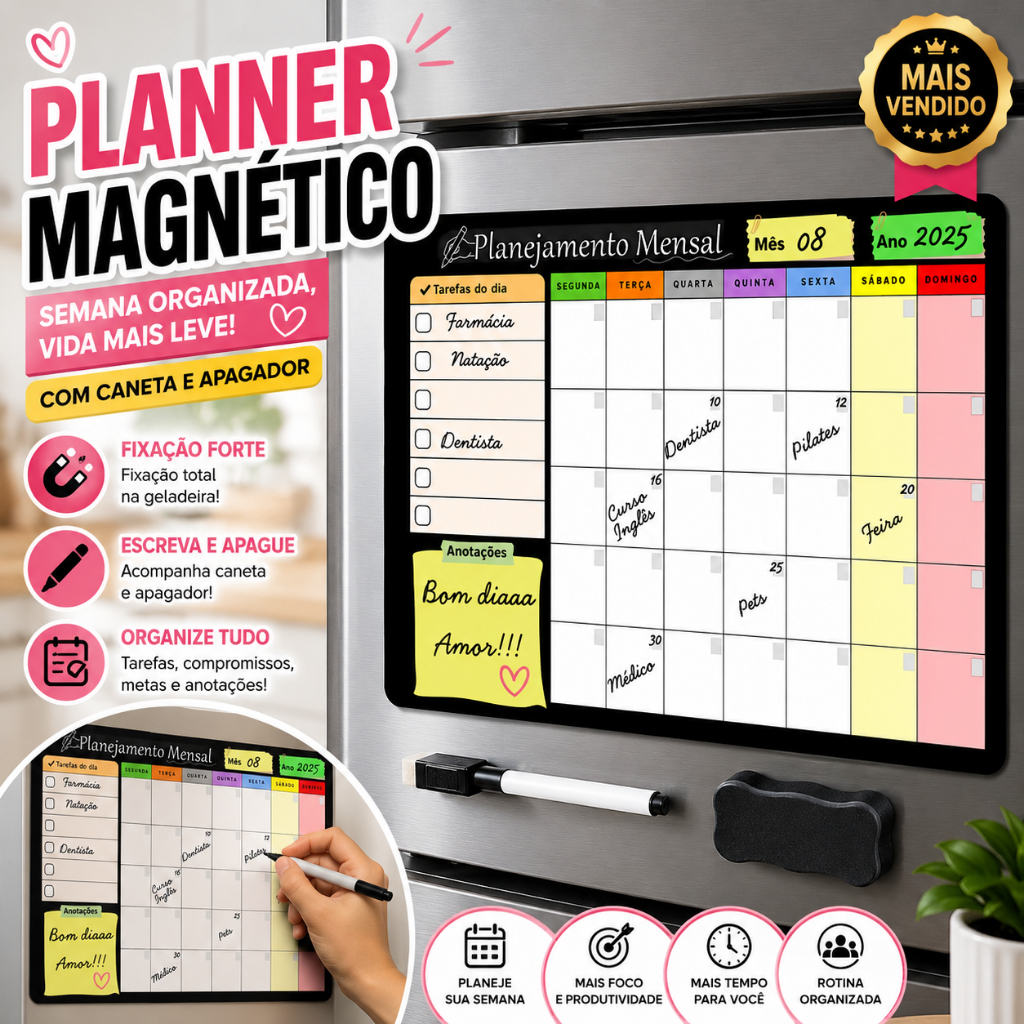 Planner Organizador Lousa Magnetica Geladeira Lista Compras Tarefas Semanal dia a dia