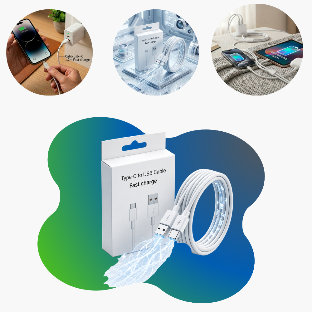Cabo Carregador USB Tipo C 1.2m Resistente Carregamento Rápido Transferência Emborrachado Resistente