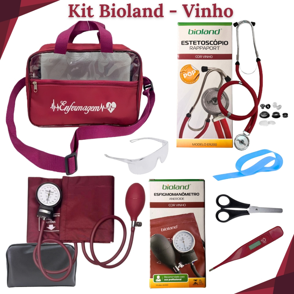 Kit Enfermagem Tradicional Profissional - Bolsa, Estetoscópio , Esfigmomanômetro e Material de Bolso