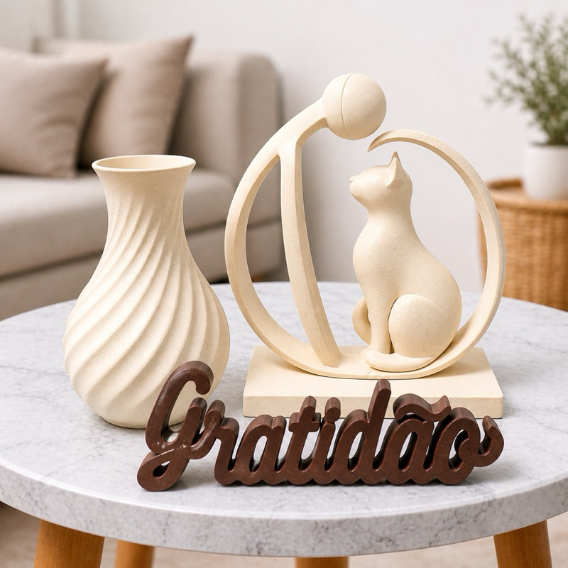 Kit Decorativo Minimalista 3 Peças Vaso Impressão 3D Escultura Gratidão Decoração Sala Rack Bege Marrom