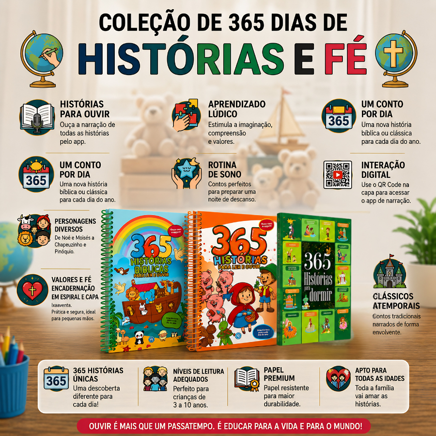 Kit C/3 Livros / 365 Histórias Para Ler e Ouvir + 365 Histórias Bíblicas Para Ler e Ouvir + 365 Histórias Para Dormir