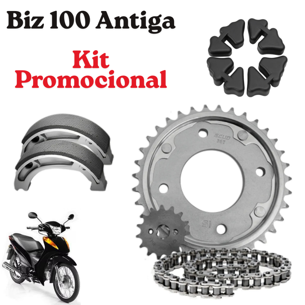 Kit TRANSMISSÃO RELAÇÃO + COXIM + LONA FREIO HOND BIZ 100 ANTIGA 1998 Até 2005