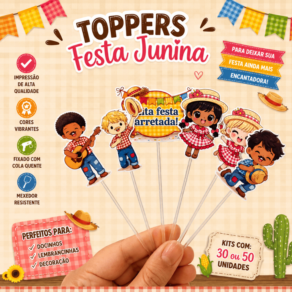 Topper Festa Junina para Docinhos | Kit 30 ou 60 Unidades | Decoração Arraiá