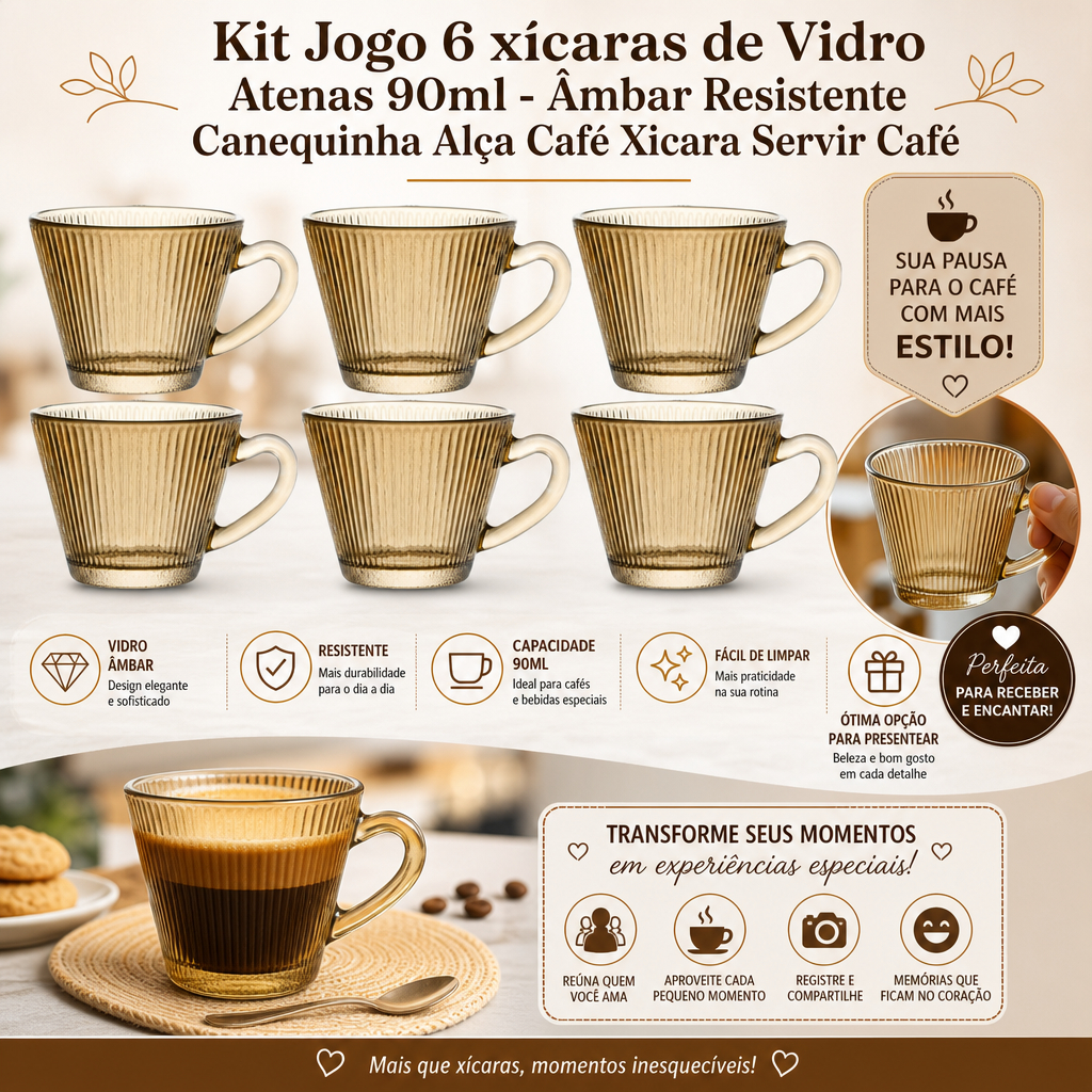 Kit Jogo 6 xícaras de Vidro Atenas 90ml - Âmbar Resistente Canequinha Alça Café Xicara Servir Café