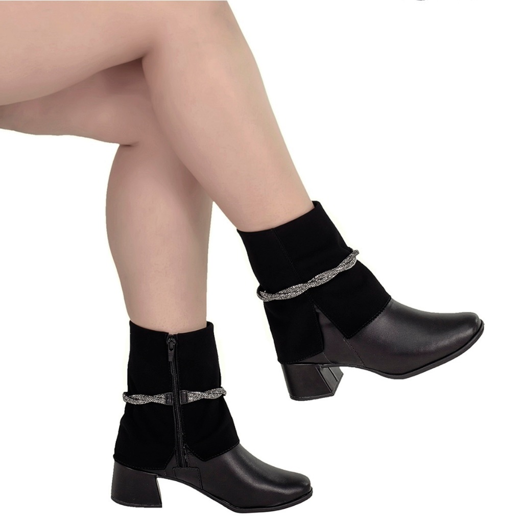 Bota Salto Feminina Bico Quadrado Cano Médio Shekinah Ziper Lateral Gola Virada Capa