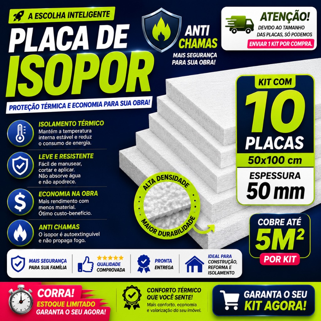 Kit 10 Placas De Isopor 50mm Anti-Chamas, Isolament Térmico Para Construção e Reforma ,Forro, Parede