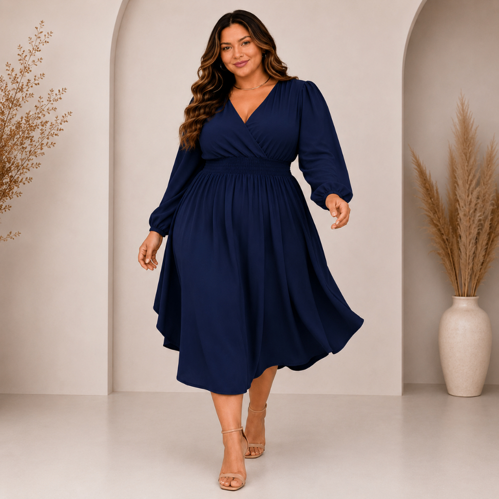 Vestido Midi Decote V Plus Size Confortável Manga Longa Moda Casual Feminina