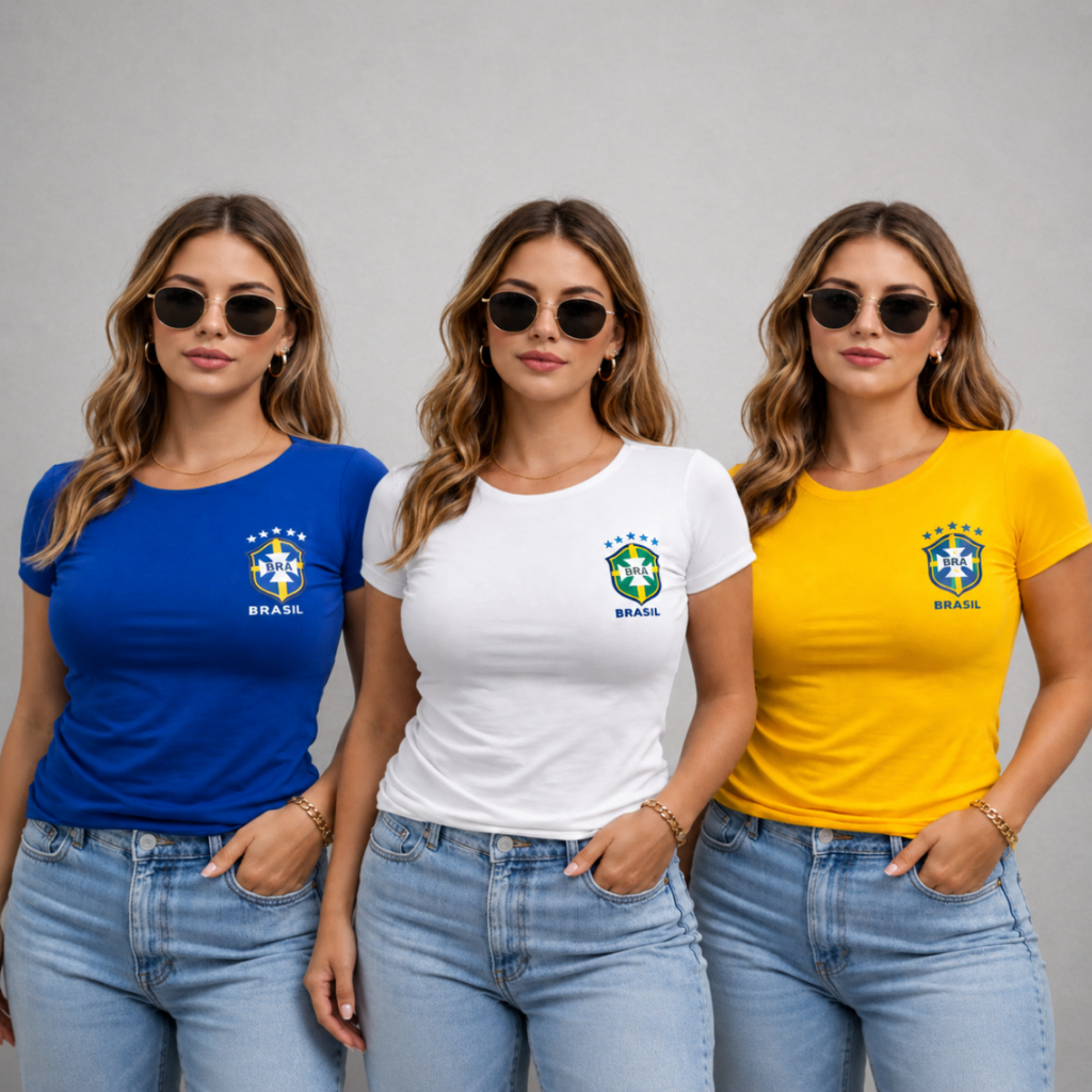 Blusa Feminina Babylook Suplex Baby Tee Estampado Brasil Copa 2026