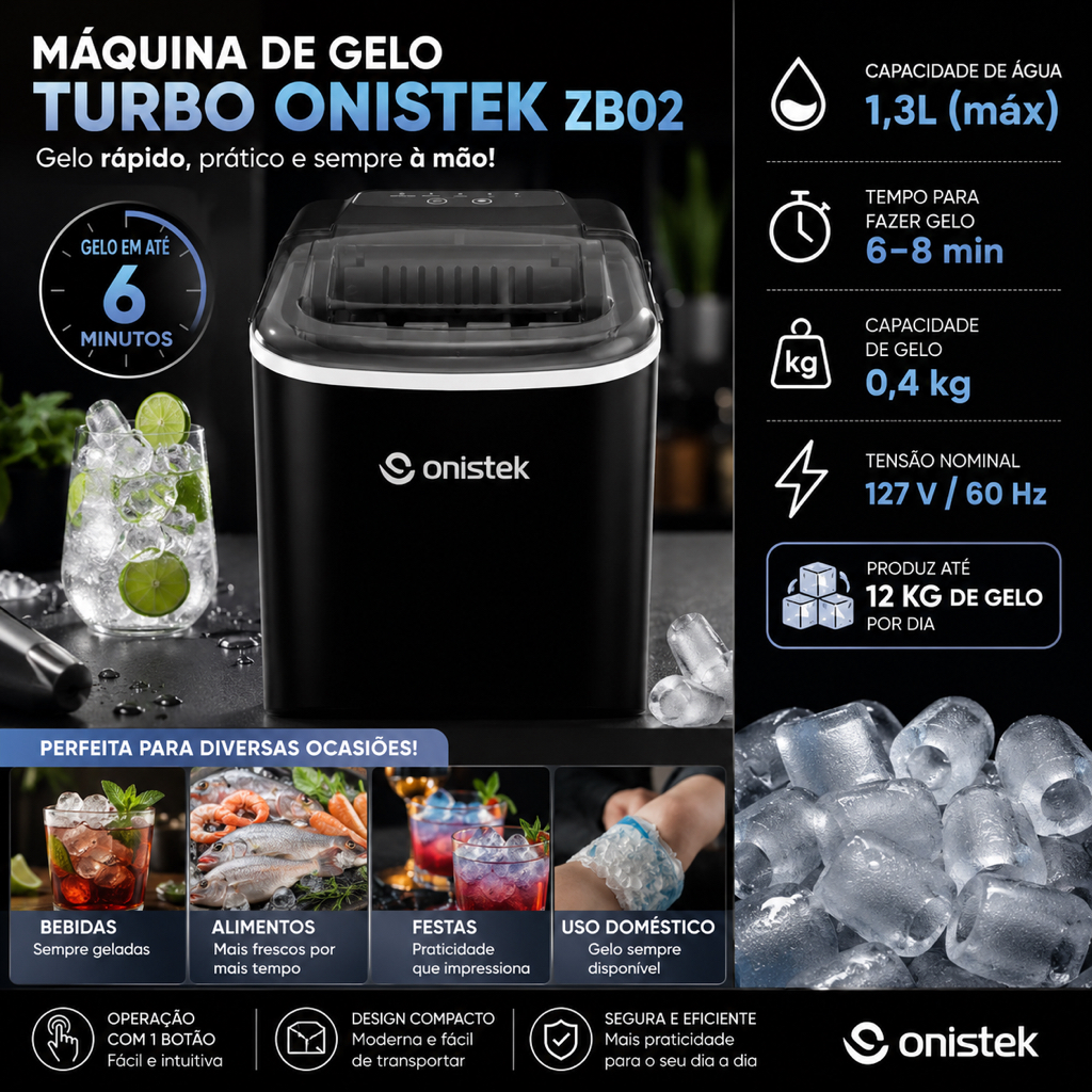 MÁQUINA DE GELO TURBO ONISTEK ZB02 – 12 KG/DIA | 1,3 L | GELO EM ATÉ 6 MINUTOS | 110v PRETO CUBOS