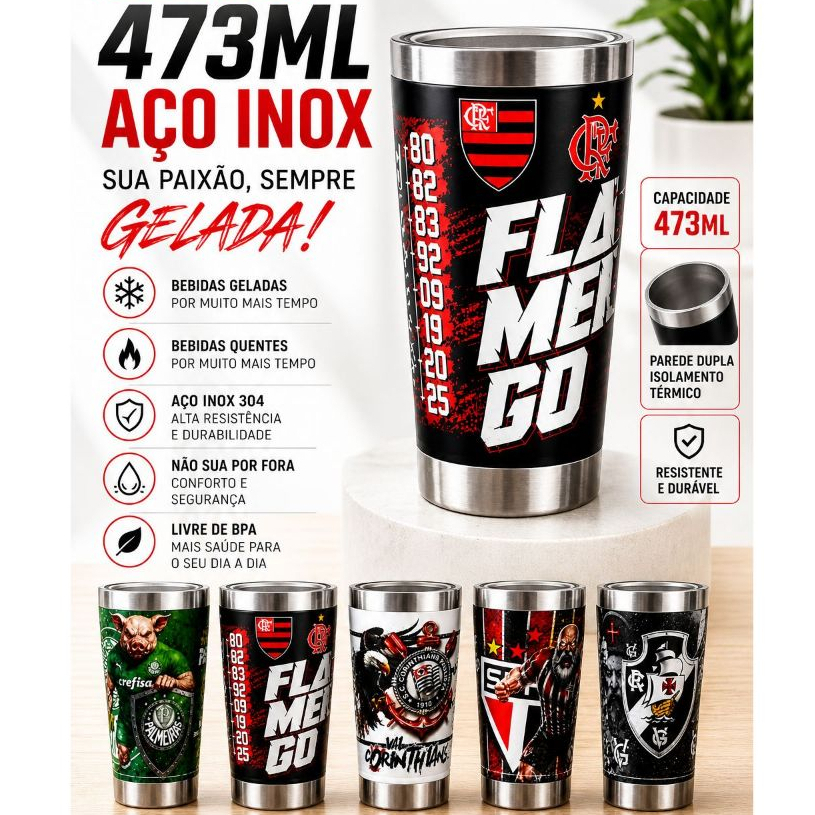 Copo Térmico 473ml Personalizado Times Grande - Tampa e Abridor Integrado Tema Exclusivo