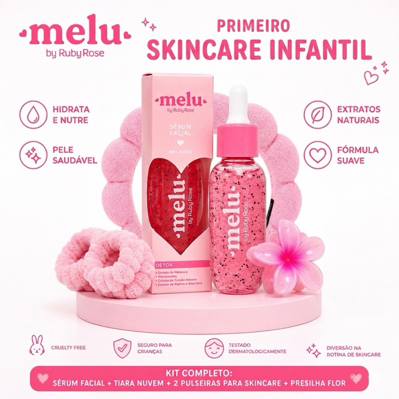 Presente Primeiro Skincare Infantil Kit Melu Ruby Rose Sérum Facial Tiara Nuvem e Pulseiras Spa