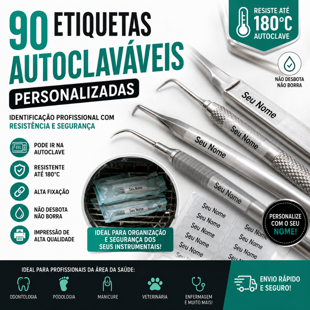 90 Etiquetas Autoclaváveis Personalizadas p/ Instrumentais Odonto Podologia Manicure Veterinária 180