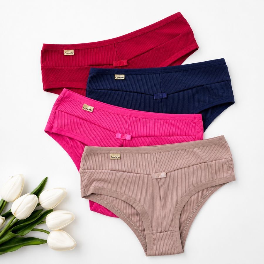Kit 3 Calcinhas Feminina Conforto Algodão Canelada Lateral Larga Cintura Alta Moda Ínitma Feminina