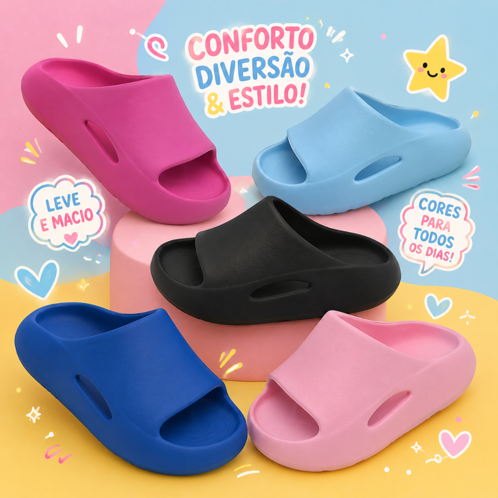 Chinelo Nuvem Slide Infantil Liso Diversas Cores Menino Menina Criança Leve Confortável Escola Passeio Dia a Dia