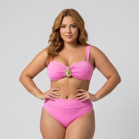 “Biquíni Rosa Plus Size e GG Cintura Alta Hot Pants entrada Bojo Sustentação para Seios Grandes Alça Reforçada Não Marca