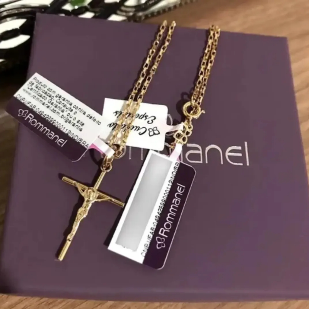 Cordão Masculino Rommanel Original Com Pingente Cruz Banhado Ouro 530718 540027