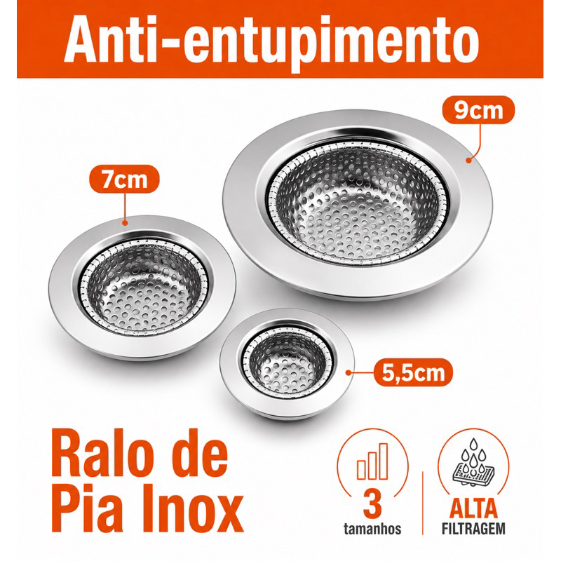 Ralo de Pia De Cozinha Inox Banheiro/Tanque Anti-Entupimento Universal 5,5cm 7cm 9cm Com Borda
