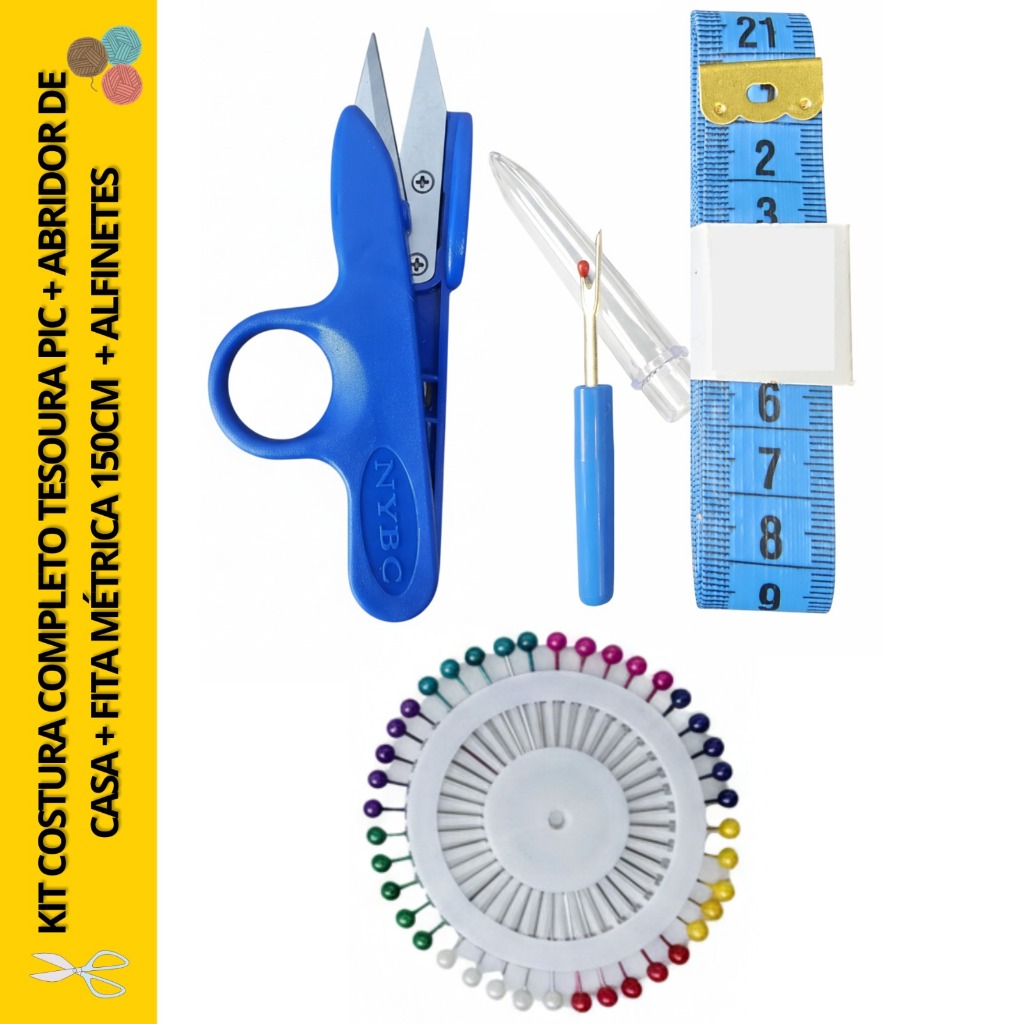 Kit Costura Completo Tesoura Pic + Abridor de Casa + Fita Métrica 150cm + Conjunto de Alfinetes