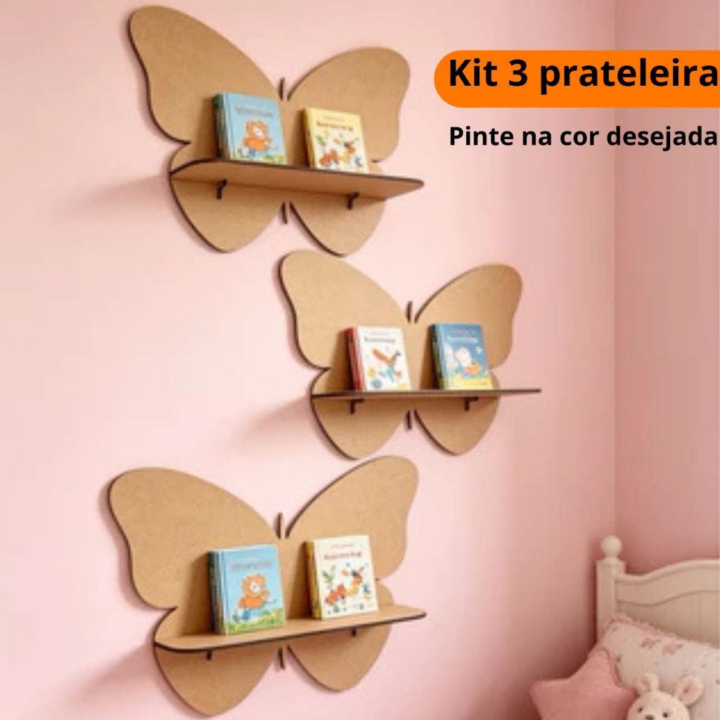 kit 3 prateleira de decoração Em formato Borboleta para pintura em mdf Cru