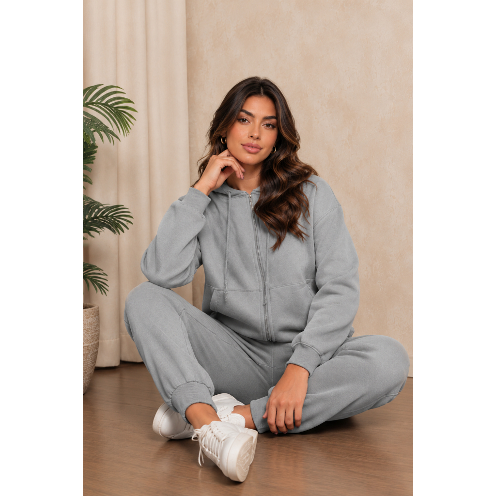 Conjunto de Moletom Feminino Flanelado com Bolso, Ziper e Capuz
