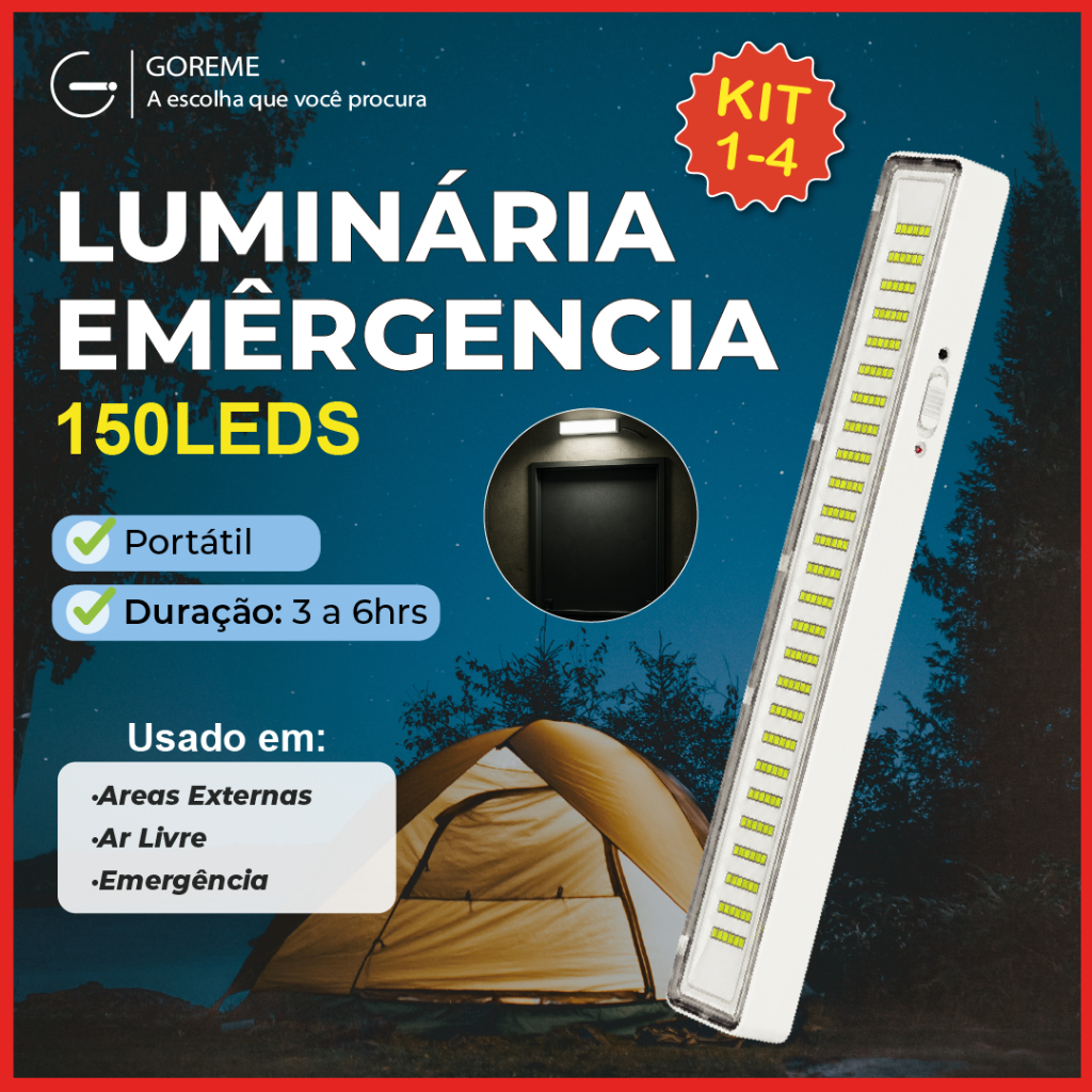 Luminária Emergência Portátil 150 Led PRO 20W Branco Frio 110V-220V Bivolt
