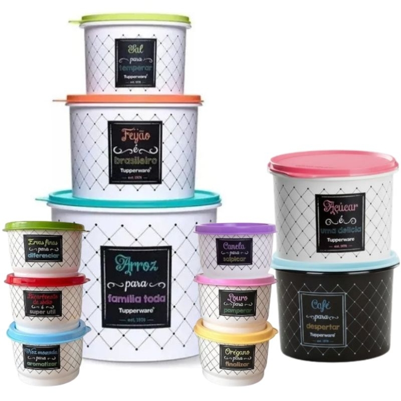 KIT 11 PEÇAS TUPPER CAIXA ARROZ 5KG + FEIJÃO 2KG + CAFÉ 700G +AÇÚCAR 1,4KG+SAL 1KG+6UN POTINHO 140ML BISTRÔ - TUPPERWARE