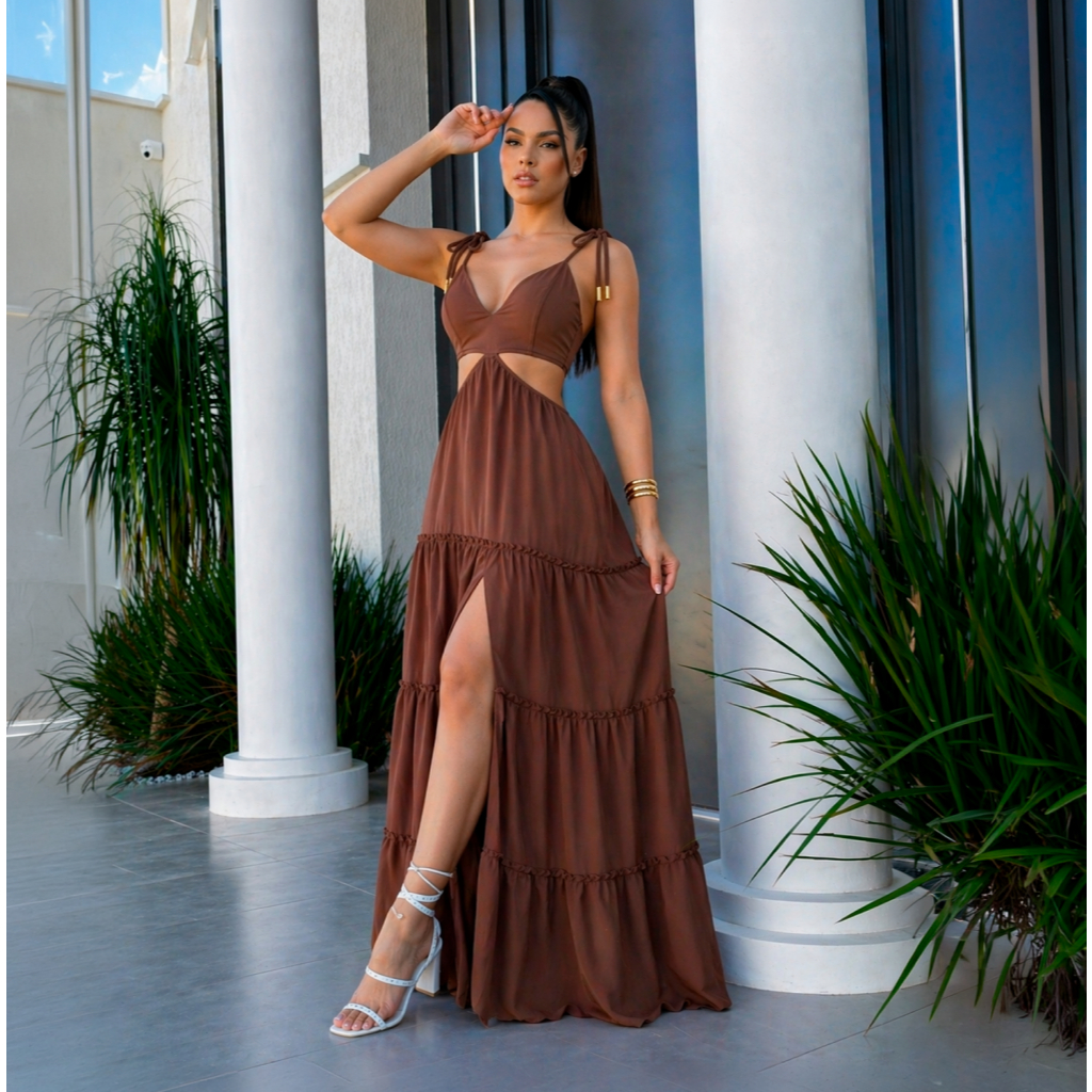 Vestido Feminino Estampado Floral Longo Vazado/ Fenda Verão