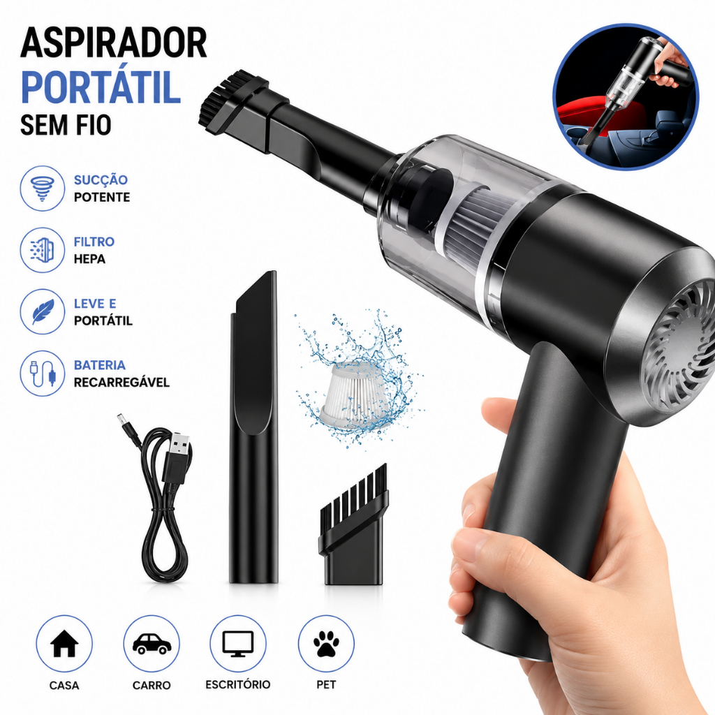 Mini Aspirador de Pó Portátil Sem Fio 3 em 1 Recarregável Automotivo Casa USB Forte Sucção