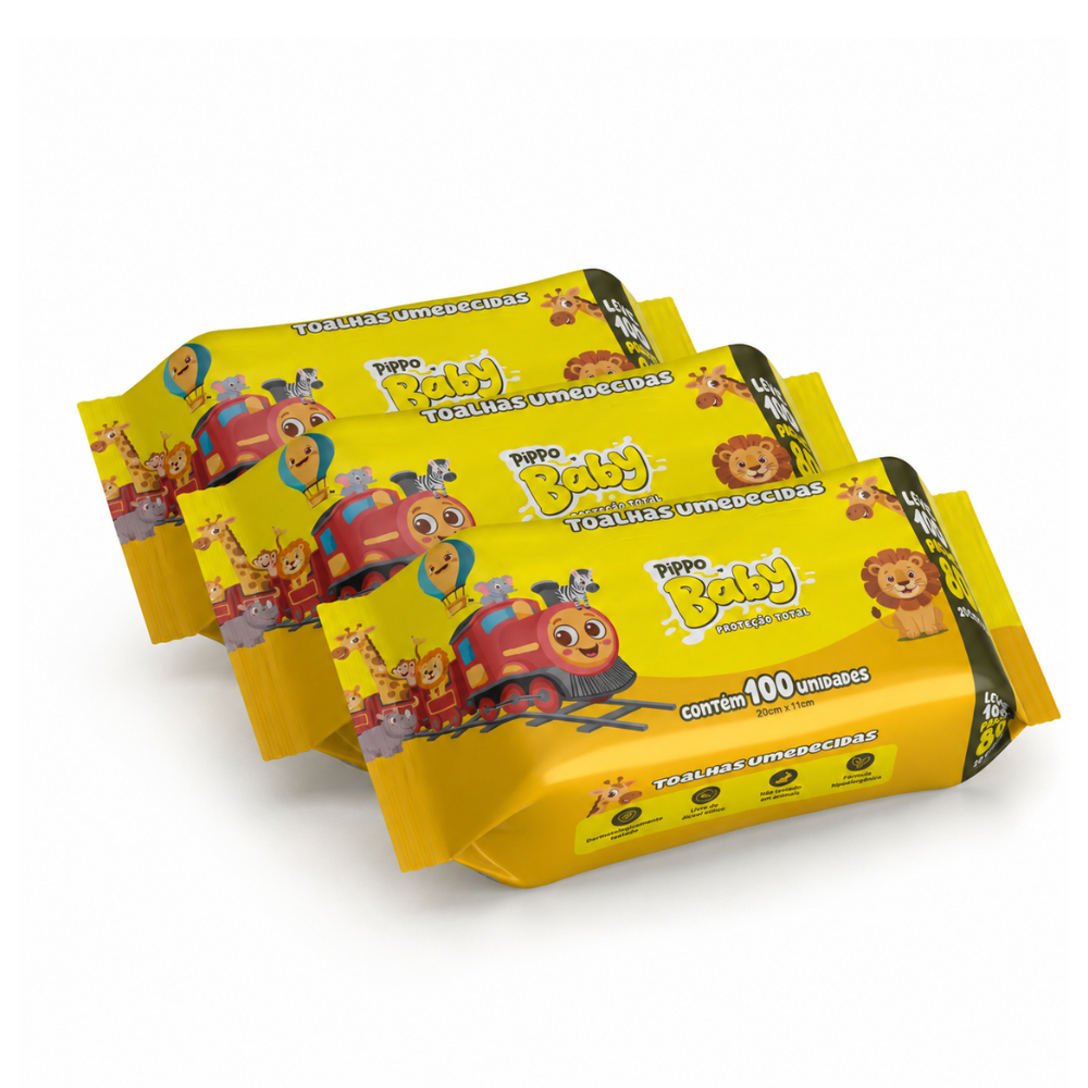 Kit 3 Pacotes Toalhas Umedecidas Pippo Baby 100 Folhas Lenço Umedecido Sem Tampa FlipTop