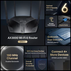 Mercusys MR80X Roteador Wi-Fi 6 AX3000 Dual Band, 4 portas Gigabit